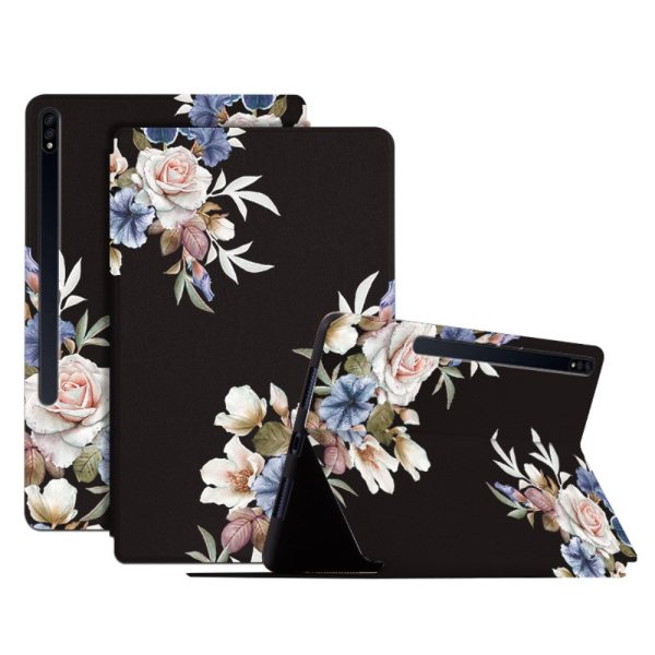 Samsung Galaxy Tab S8 Plus   S7 FE   S7 Plus flower pattern leather flip case - Black Flower Bush For Sale